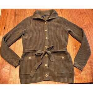 CHAPS Olive Green Women's Medium Cardigan Button Up Collar Chunky Belt Pockets